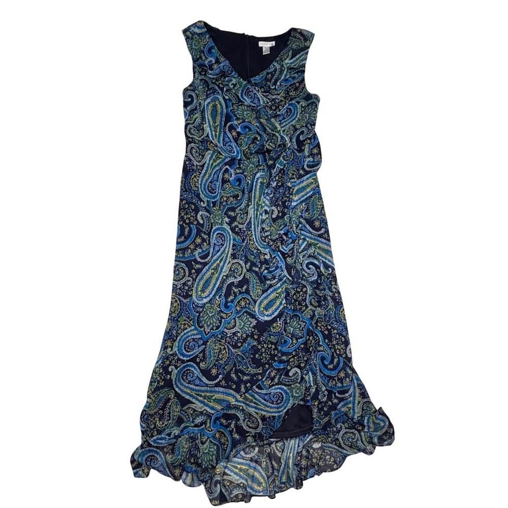 London Times‎ Womens Dress Size 8 Blue Paisley Sleeveless Maxi Ruffle High Low